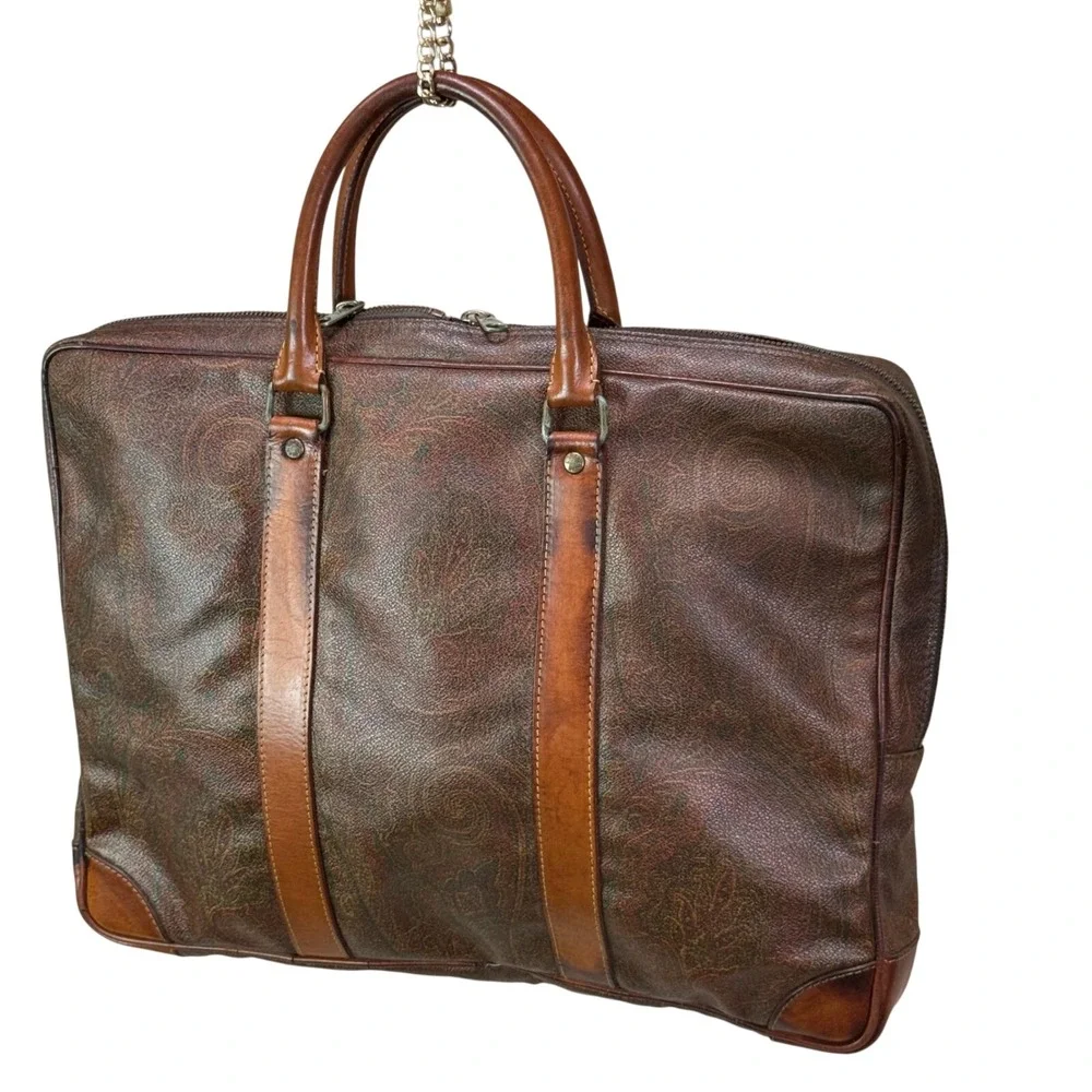 Etro Milano Vintage Paisley Coated Canvas Leather Briefcase Made‎ in Italy Brown